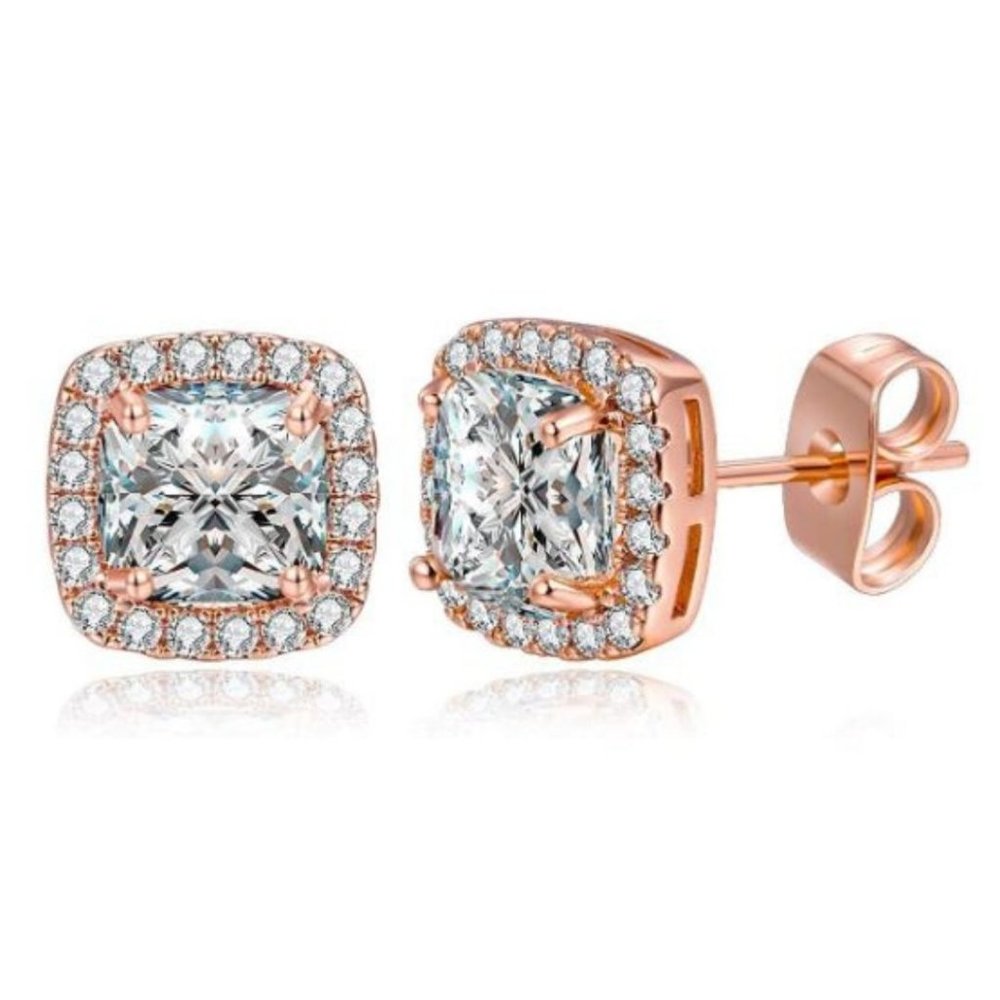 18K White Gold Plated Square Cubic Zircon 6mm Stud - Picture 10 of 15